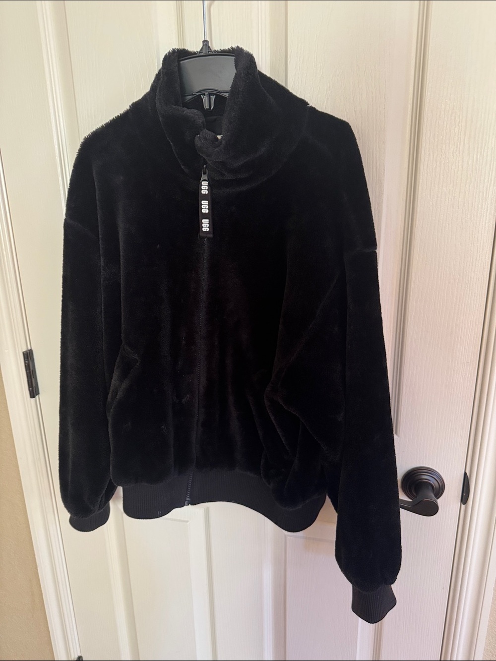 UGG faux fur bomber jacket. Size small, black. Like new!
